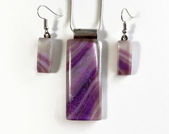 Purple iridescent fused glass pendant and earrings set Dichroic glass jewelry unique gifts for her chain included