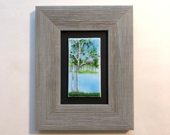 Realistic Birch Tree Art, Fused Glass Scenery Picture, Blue Bird Wall Panel, Gifts for Her, 3D Sculpture, Nature Home Decor