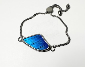 Reflective Blue Wing Adjustable Bracelet, Nature Inspired Butterfly Jewelry, Real Rhetenor Morpho, Unique Gifts for Her