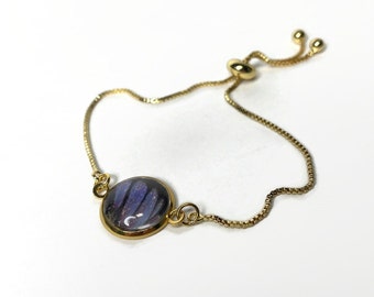 Handmade Purple Adjustable Gold Bracelet, Real Butterfly Wing Jewelry, Artisan Crafted Gift, Nature Inspired Present