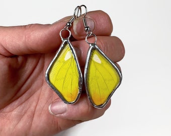 Yellow earrings, Butterfly jewelry, real butterfly wing, glass earrings, insect jewelry, hypoallergenic, unique gifts for mom