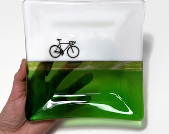 Road bike fused glass plate, green serving dish, treat plater, gifts for him, bike kitchen decor, bike enthusiast, housewarming presents