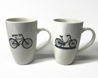 Bike coffee cups, cruiser mug set, black white coffee mug, tea mug, set of 2, his and her gifts, bike home decor, bike enthusiast presents