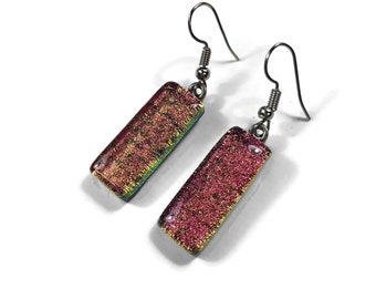 Pink dichroic glass earrings fused glass jewelry gifts for her iridescent dangle earrings hypoallergenic