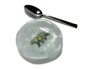 Handmade Bear Spoon Rest Dish, Unique Kitchen Gift for Dad, Fused Glass Utensil Holder, Nature Inspired Presents