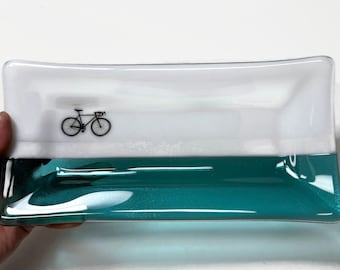 Handmade Road Bike Glass Plate, Green Serving Dish, Unique Gifts for Dad, Bicycle Kitchen Decor, Cyclist Inspired Housewarming Presents