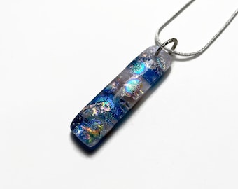 Iridescent glass necklace, Blue and pink, dichroic glass pendant, fused glass jewelry, sparkle pendant, rectangle pendant, necklace included