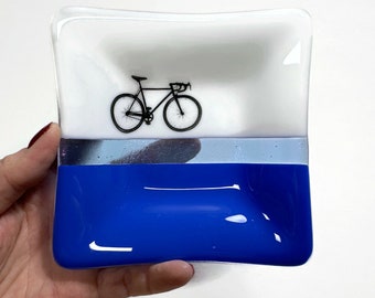 Road bike fused glass plate, blue serving dish, trinket tray, unique gifts for her, bike decor, bike enthusiast, housewarming presents