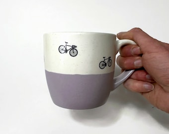 Handcrafted Purple and White Road Bike Mug, Retro Coffee Cup Home Decor, Artisan made Gifts for Him