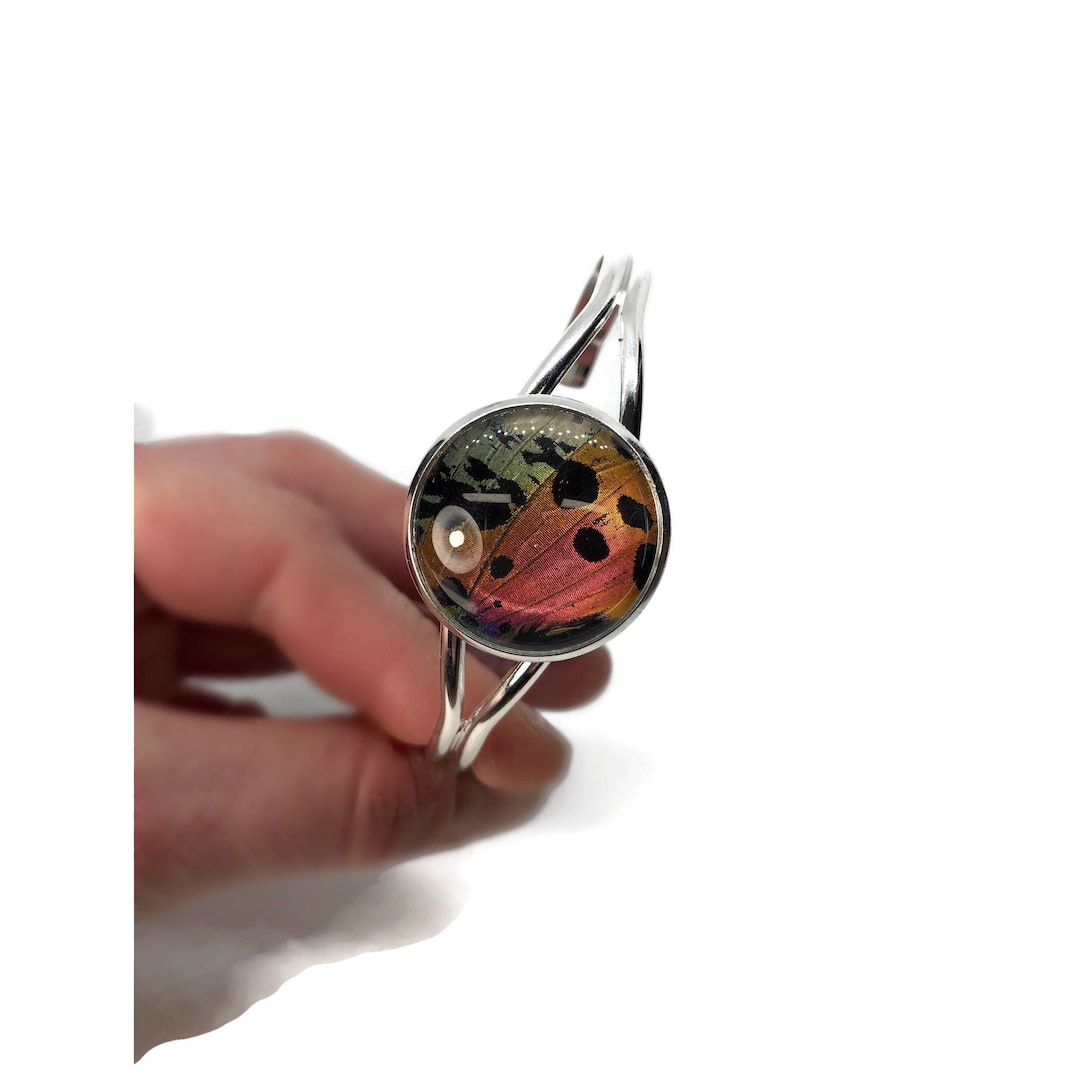Iridescent Rainbow Butterfly Wing Cuff Bracelet, Sunset Moth, Real