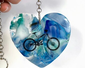 Mountain bike sun catcher, heart ornament, window hanging, fused glass blue white light catcher, unique gifts, bike enthusiast presents