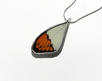 Orange white wing pendant real butterfly jewelry stained glass wing necklace, necklace included