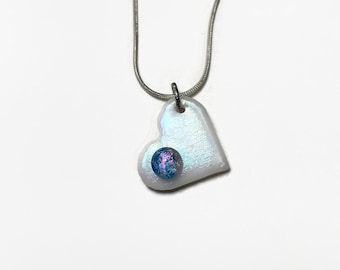 White heart fused glass pendant, dichroic glass jewelry, iridescent minimalist pendant, unique presents, chain included
