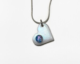 White heart fused glass pendant, dichroic glass jewelry, iridescent minimalist pendant, unique presents, chain included