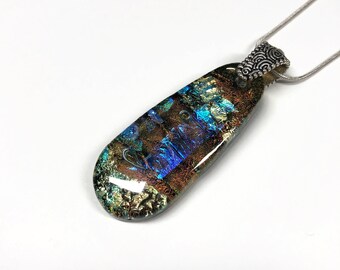 Glass iridescent necklace fused glass statement pendant dichroic glass jewelry unique gifts for mom chain included
