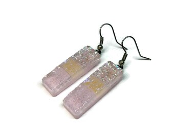 Artisan crafted pink dangle earrings. fused dichroic glass jewelry, unique friends gifts, handmade presents
