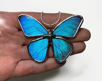 Butterfly Pendant, Blue Morpho butterfly, blue necklace, real butterfly wing, glass pendant, stained glass butterfly, insect Necklace