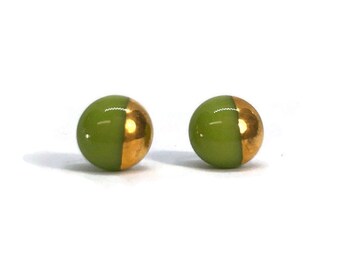 Green and gold Fused Glass Stud Earrings, Unique Gifts for Girlfriend, minimalist earrings, button studs