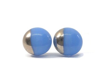 Blue earrings silver fused glass jewelry dichroic glass studs round earrings best friend gifts hypoallergenic