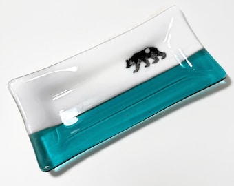 Green fused glass plate bear serving dish unique gifts for her bear home decor nature lover housewarming presents mountain plate