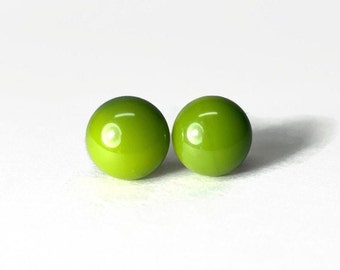 Apple green round stud earrings, fused glass jewelry, minimalist studs, earrings for her, multiple sizes available