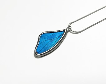 Blue Necklace, iridescent, butterfly wing Pendant, blue morpho butterfly, glass pendant, necklace included