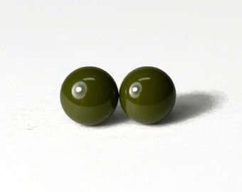 Handmade Dainty Green Glass Stud Earrings, Fused Dichroic Jewelry, Minimalist Earrings for Her, Artisan Crafted Gifts