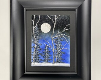 Birch tree fused glass art winter moon panel, unique gifts for him, tree home decor, three dimensional wall sculpture