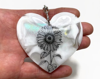 Handcrafted Sunflower Heart Sun catcher, Fused Glass Colourful Ornament, Unique Gift Idea