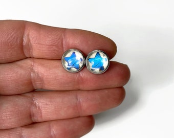 Blue morpho earrings Butterfly jewelry, star studs, real butterfly wing, unique gifts for her, round glass earrings, hypoallergenic, 12mm