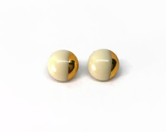 Metallic gold cream stud earrings, dainty fused glass jewelry, best friend gifts, round minimalist earrings
