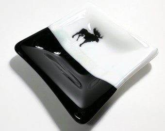 Moose fused glass plate, black serving dish, mountains, unique gifts for her, wildlife kitchen decor, housewarming presents