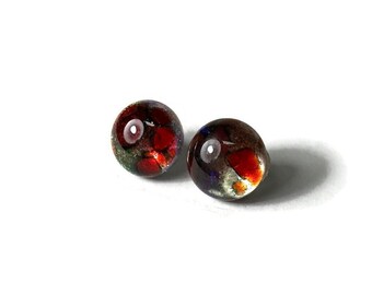 Red iridescent round stud earrings 10mm fused glass jewelry unique gifts for her minimalist studs dichroic glass studs hypoallergenic