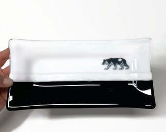 Whimsical Bear Fused Glass Plate, Ideal Gift for Her, Nature Inspired Serving Dish, Handmade Mountain Trinket Tray