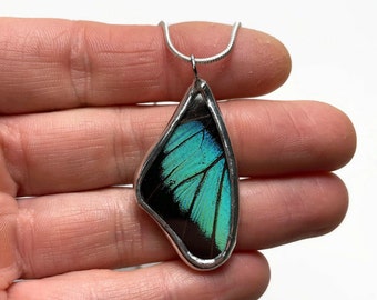 Handmade Iridescent Teal Wing Pendant, Unique Real Butterfly Jewelry Gift