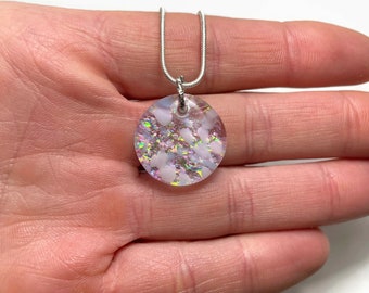 Pink iridescent round pendant, fused dichroic glass jewelry, minimalist statement pendant, unique gifts for her, chain included