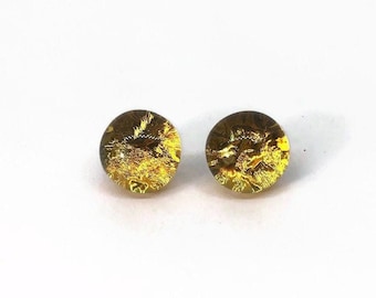 Fused glass amber earrings dichroic glass jewelry, round minimalist stud earrings, gifts for her