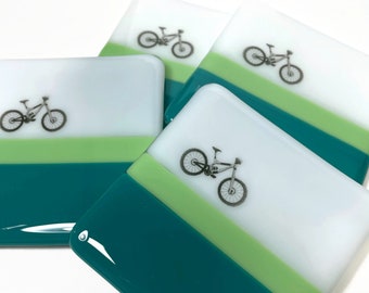 Fused Glass coasters, drink rest, mountain bike coasters, bike enthusiast, coffee table decor, set of 4