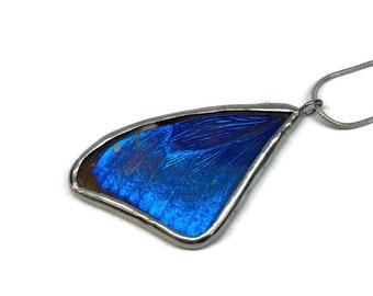 Blue butterfly pendant, Blue morpho butterfly, butterfly jewelry, real butterfly wing, iridescent necklaces, Insect Necklace, glass pendant