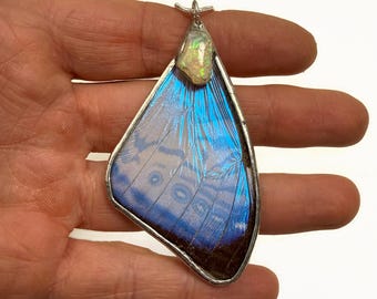 Real Blue Morpho Butterfly Wing Pendant, Iridescent Insect Jewelry, Ethiopian Opal Necklace, Gifts for Her