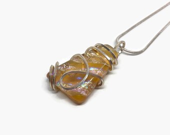 Amber gold dichroic Glass necklace fused Glass Jewelry, silver wrapped pendant, gifts for mom, chain included