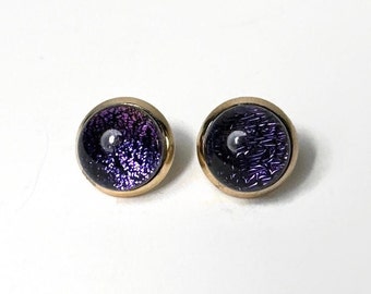 Earrings, purple studs, glass earrings, fused glass jewelry, round earrings, minimalist studs, sparkle earrings, bohemian studs, button stud