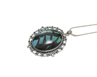 Blue black filigree pendant, real butterfly wing jewelry, statement glass pendant, gifts for mom, unique presents, chain included