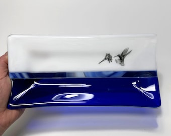 Unique Fused Glass Hummingbird Plate, Gift for Her, Whimsical Home Decor, Nature Inspired Serving Dish, Jewelry Trinket Tray, Spoon Rest