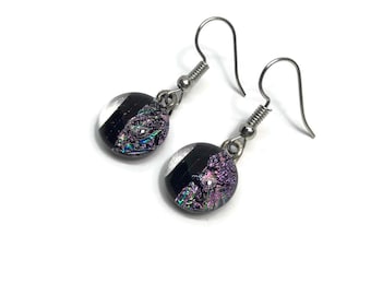 iridescent pink black earrings, dichroic fused glass jewelry, dangle earrings, earrings for mom, hypoallergenic