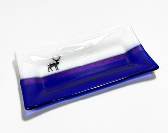 Blue deer plate, fused glass serving dish, spoon rest, trinket tray, deer home decor, unique gifts for him, functional art