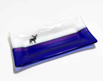 Blue deer plate, fused glass serving dish, spoon rest, trinket tray, deer home decor, unique gifts for him, functional art