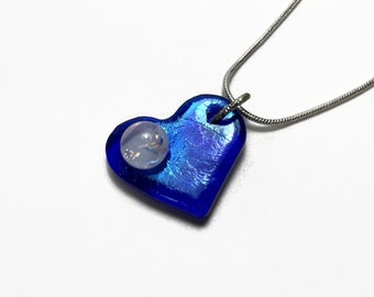 Dichroic glass blue heart pendant Fused glass necklace, Glass Jewelry, iridescent pendant, chain included