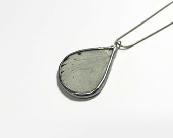 White butterfly pendant, real butterfly jewelry, stained glass wing, recycled, chain included, gifts for her, ethically sourced