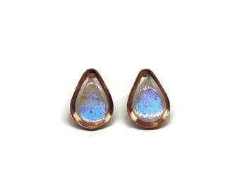 Vibrant Iridescent blue teardrop earrings, real butterfly wing jewelry, rose gold studs, morpho sulkowskyi, geometric earrings for her
